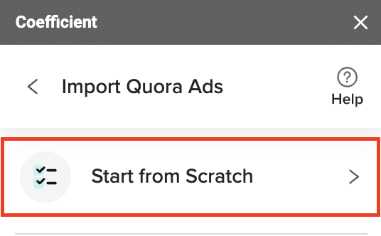 After authorization, returning to Quora Ads and clicking “Start from Scratch.”