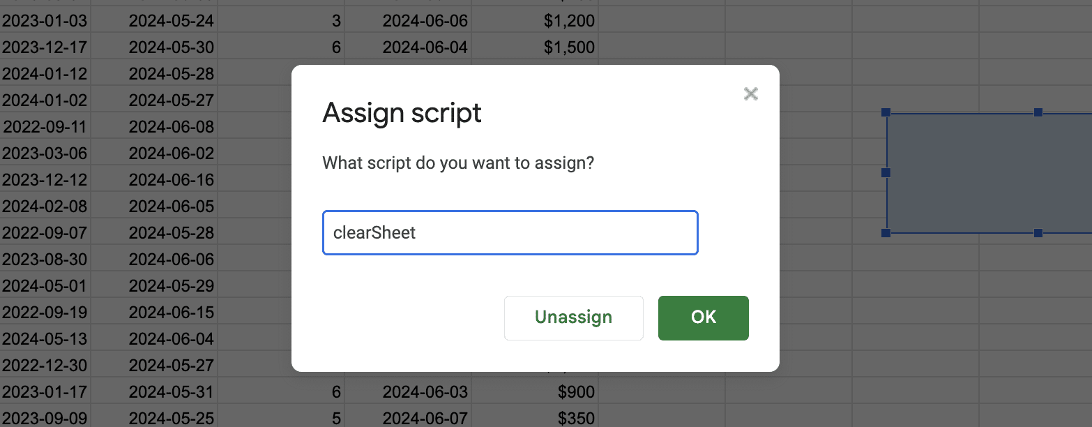 assign clearSheet script