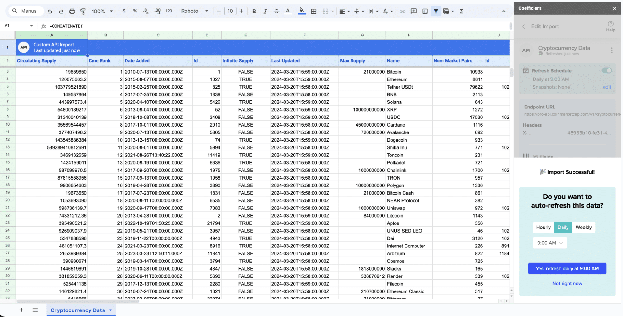 automatic refresh from google sheets api