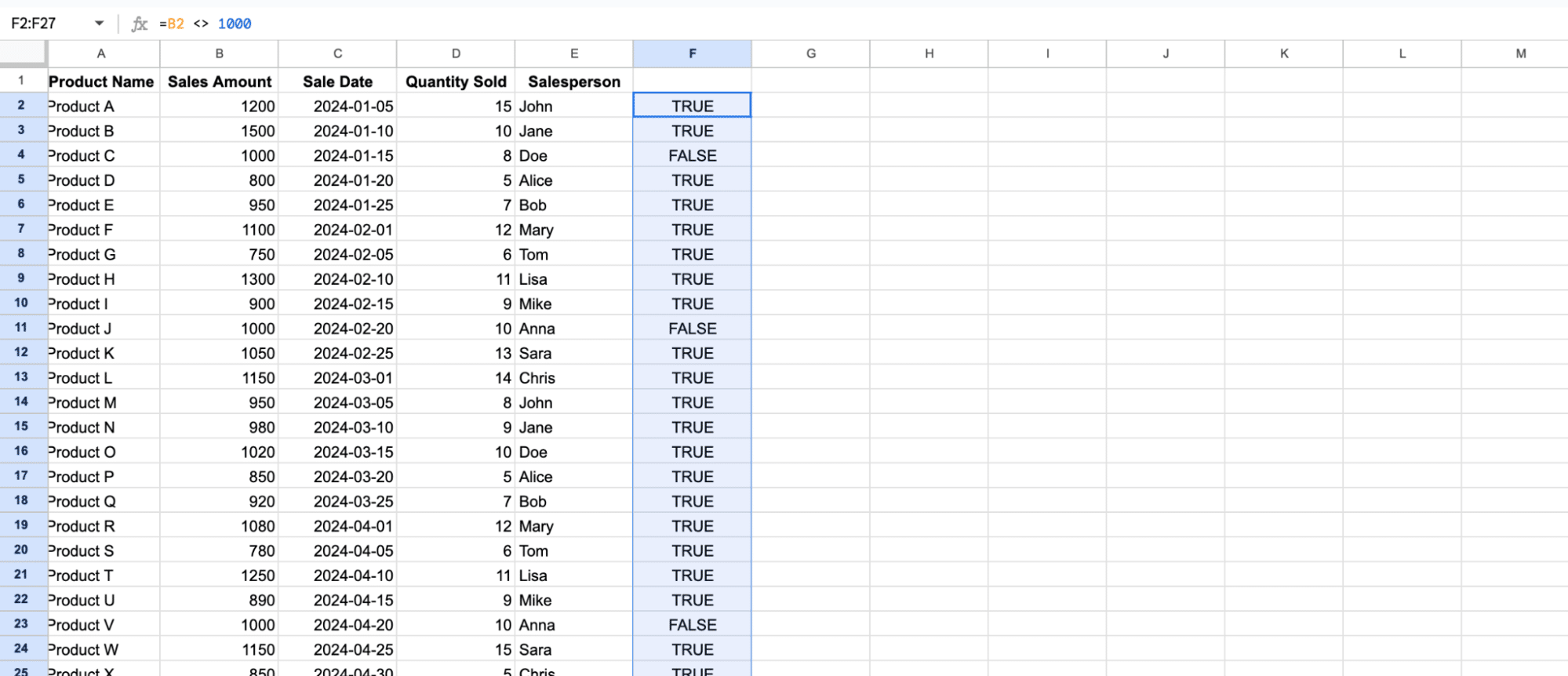 google sheets not equal example