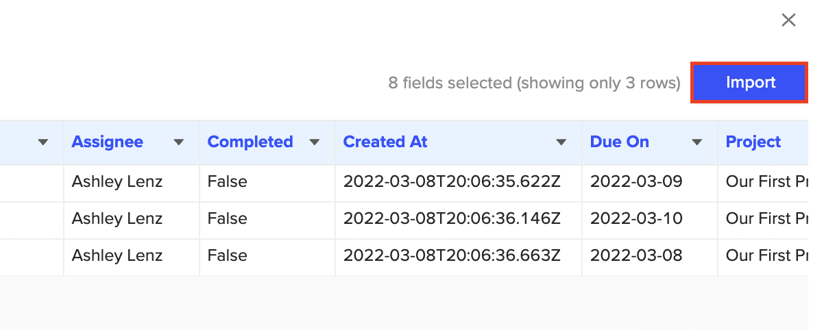 Clicking “Import” to fetch the selected data into Excel.