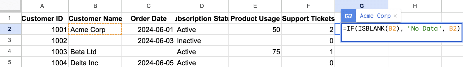 isblank function example in google sheets