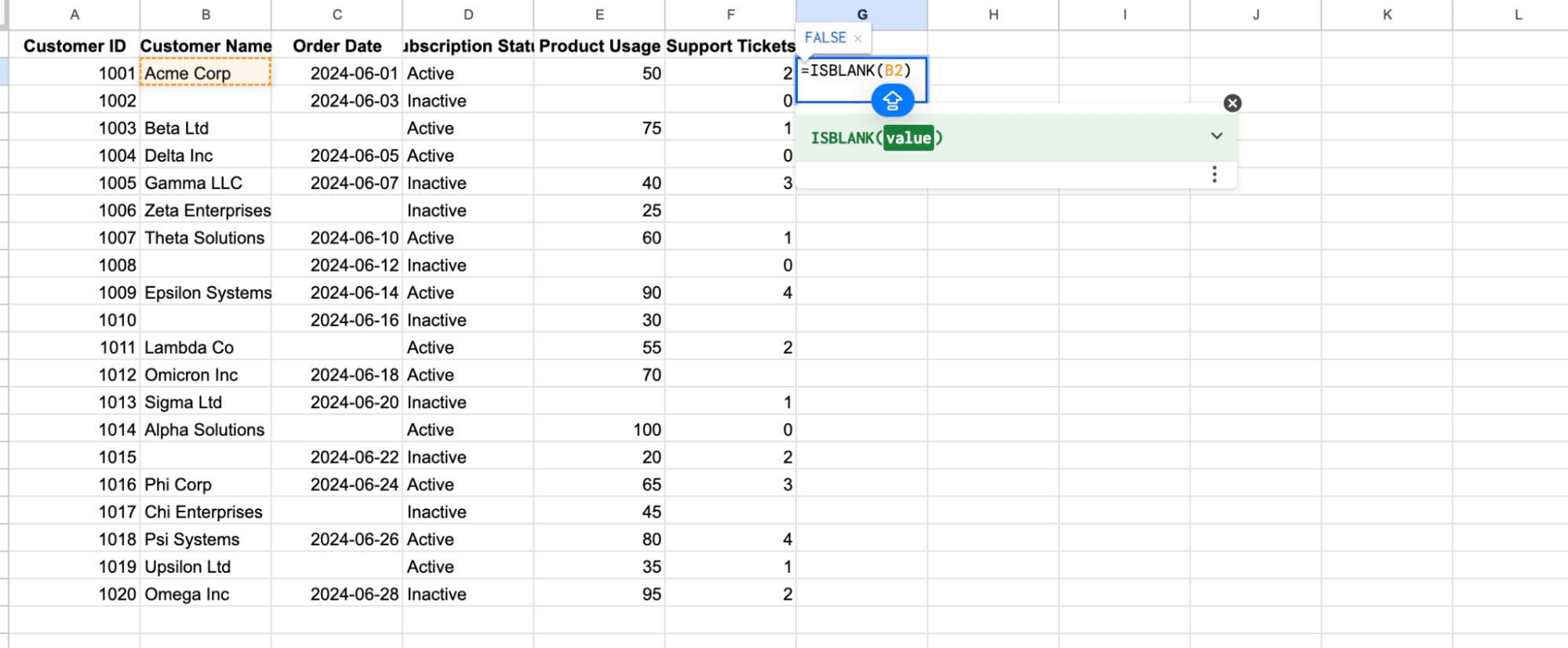 isblank function in google sheets