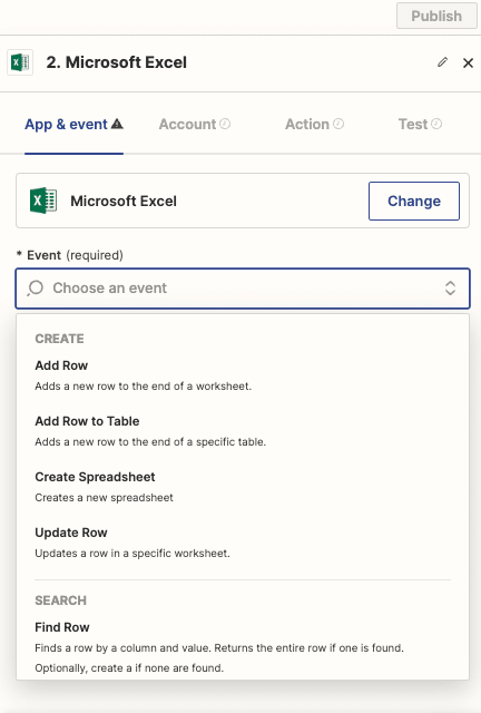 Choosing Create Spreadsheet Row