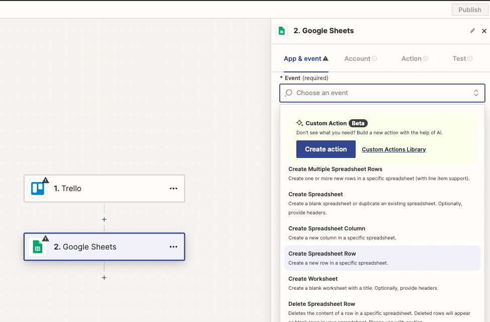 Choosing Create Spreadsheet Row