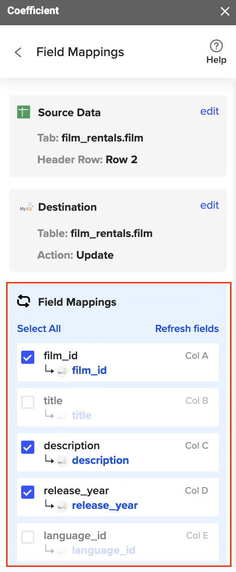 Mapping columns to PostgreSQL