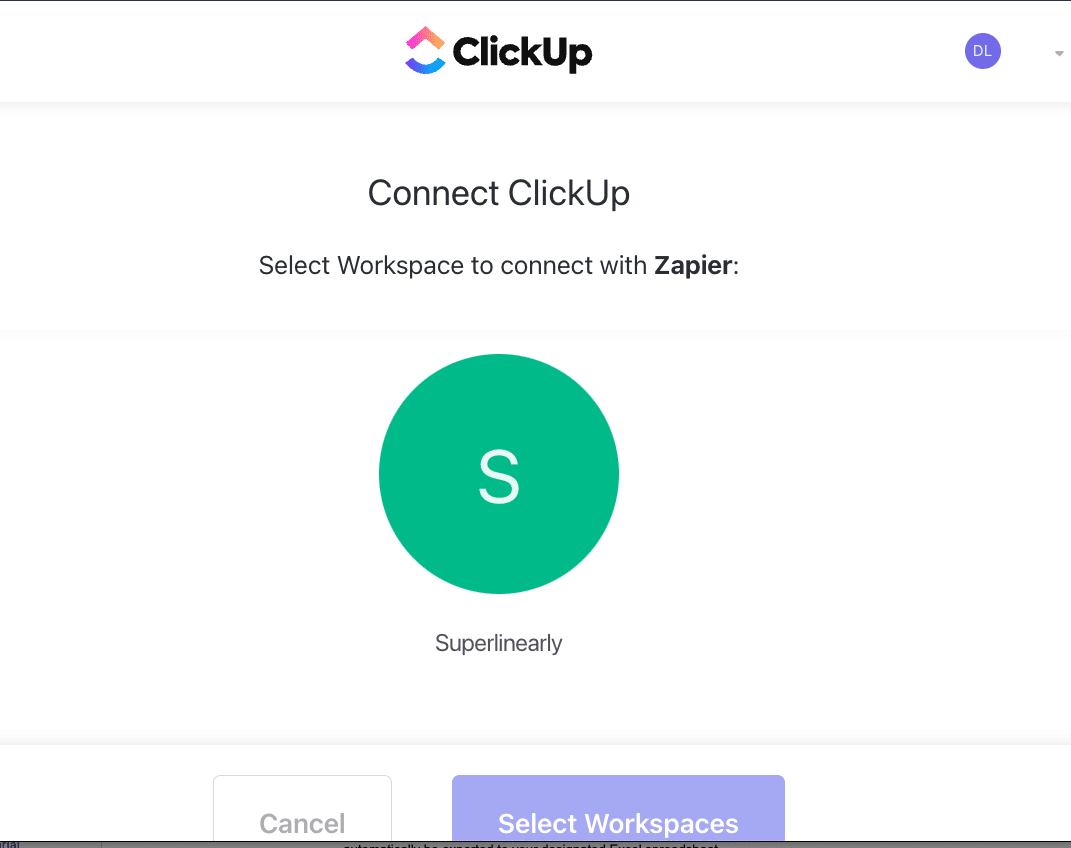 Selecting ClickUp workspace