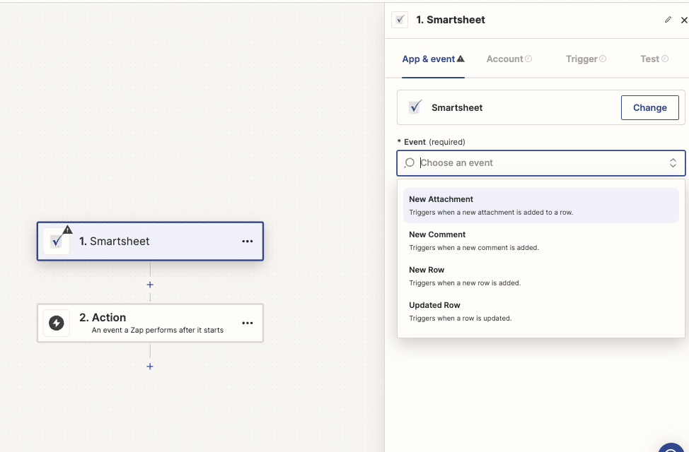 Selecting Smartsheet as trigger