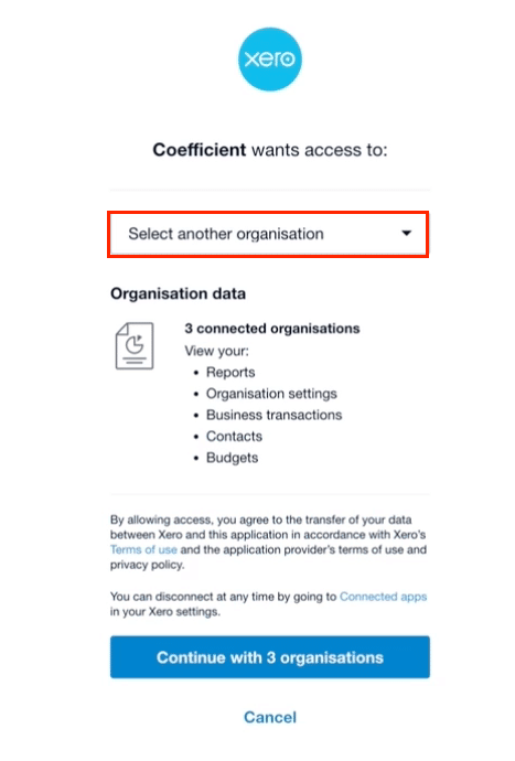 Selecting Xero organizations