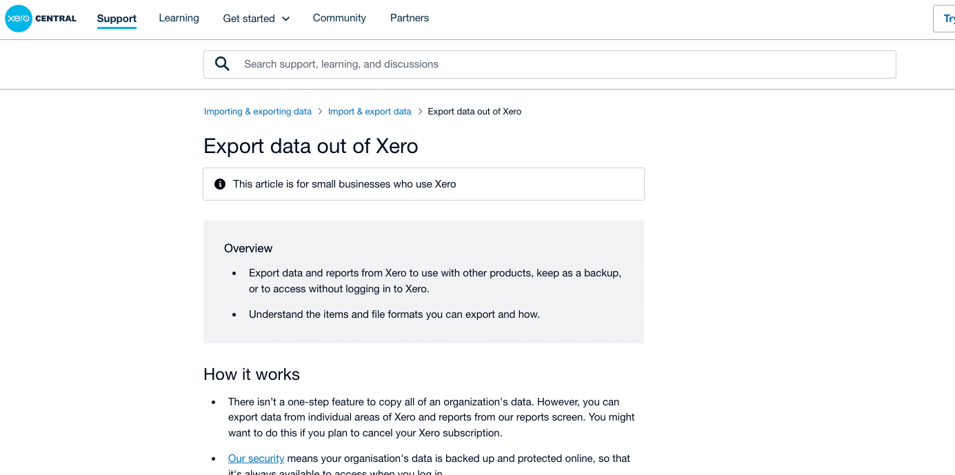 Using Xero’s export feature