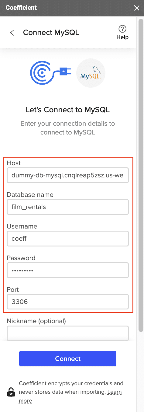 Coefficient interface with “Connect” button highlighted to establish a connection with MySQL.