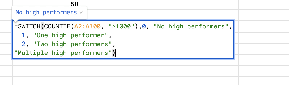 Google Sheets formula combining SWITCH with COUNTIF for categorizing sales performance.