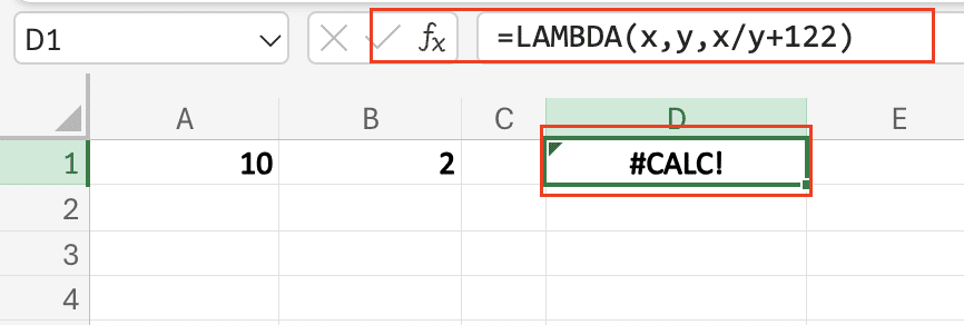 Screenshot showing how to call a LAMBDA function in Excel to execute a custom calculation.