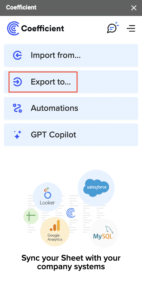 Coefficient menu in Excel or Google Sheets with “Export to…” option selected for MySQL export.