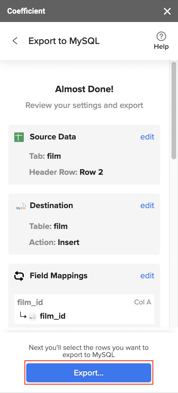 Coefficient field mappings interface, showing the mapping of primary keys or ID fields for data export.