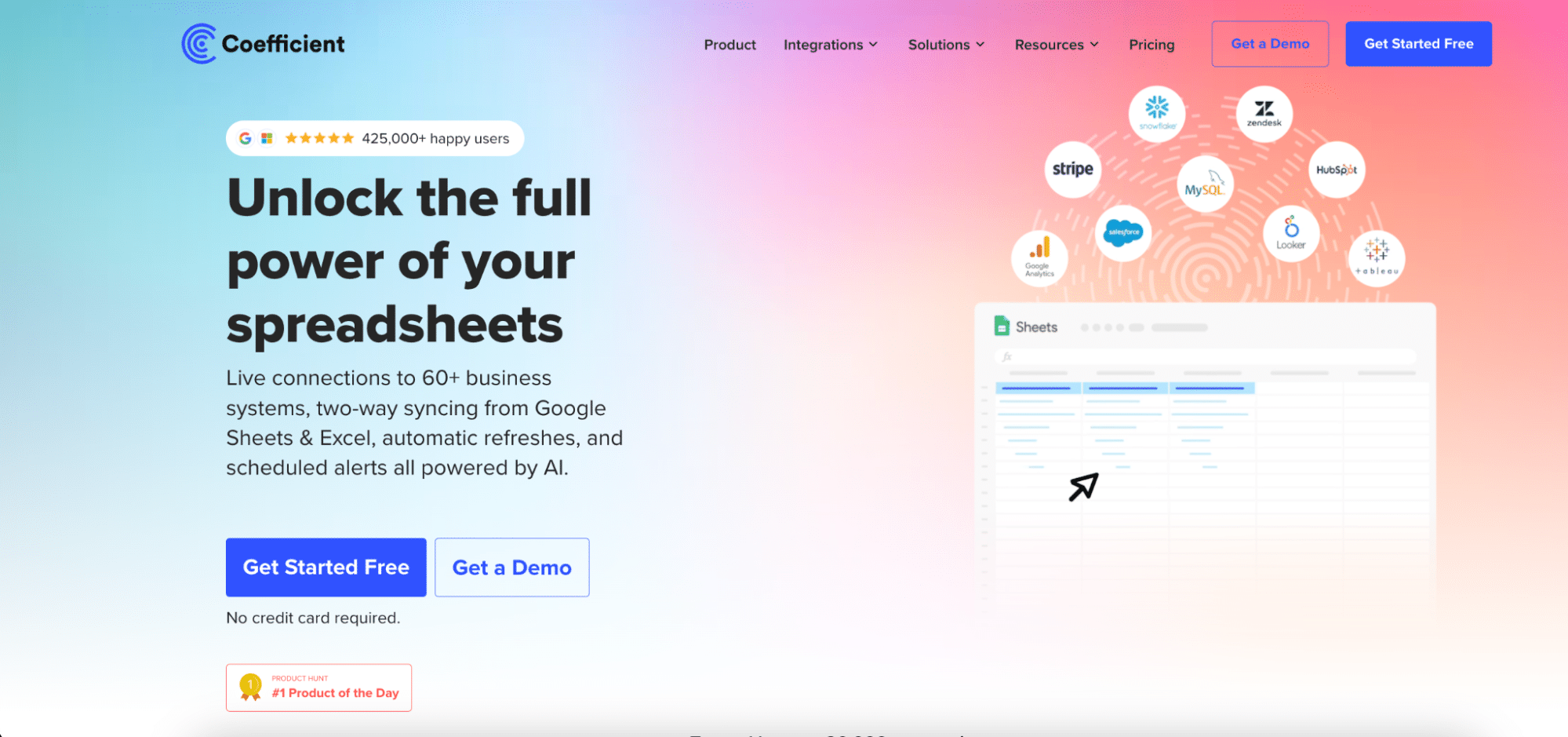 creenshot of the Coefficient homepage, emphasizing seamless GA4 data integration with Google Sheets and Excel.