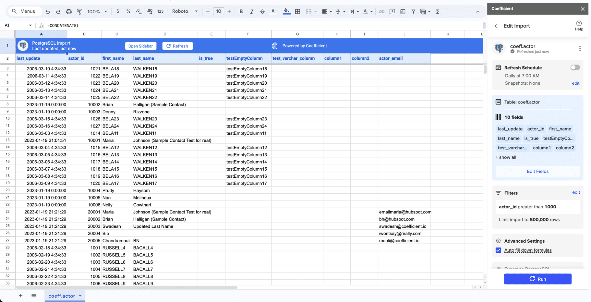 Coefficient import button highlighted to bring PostgreSQL data into the spreadsheet.