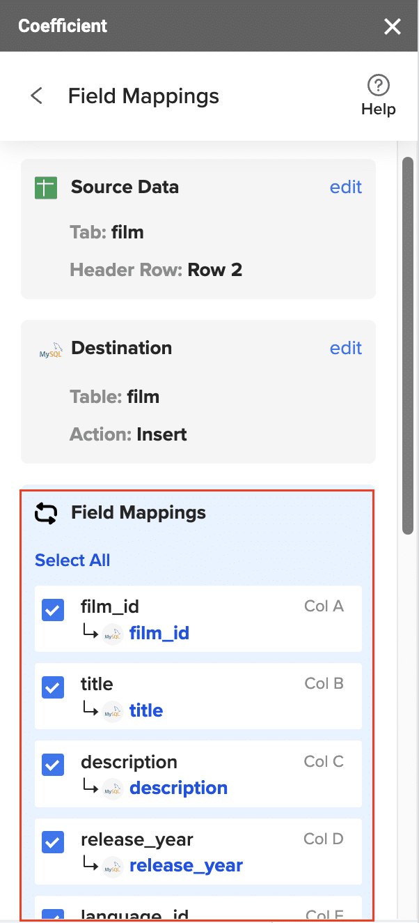 Coefficient field mapping interface showing spreadsheet columns mapped to PostgreSQL fields.