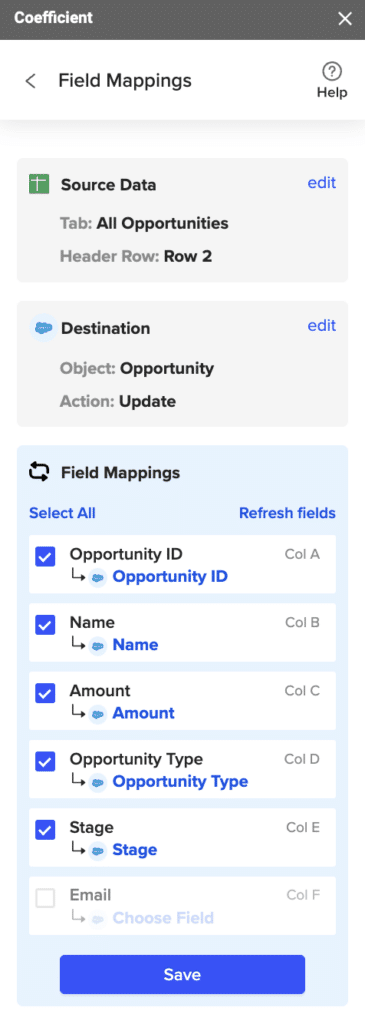 Coefficient field mapping interface showing spreadsheet fields mapped to Salesforce fields.