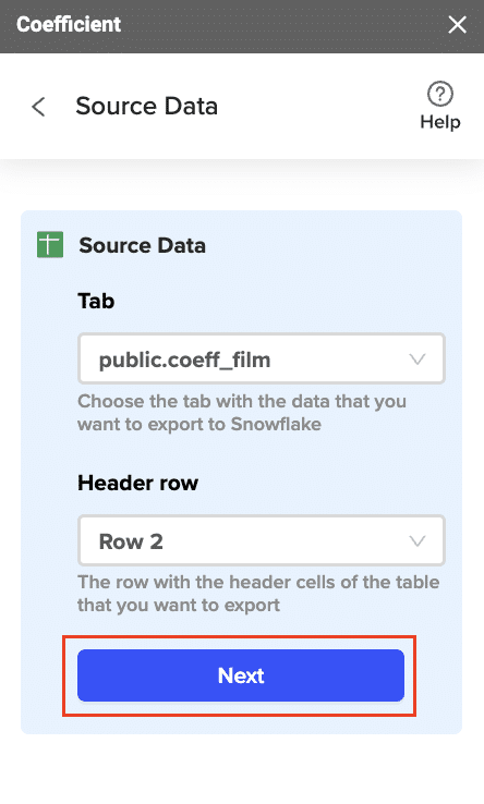 Coefficient interface showing data range selection and header row specification for Snowflake export.