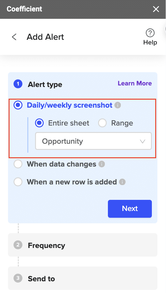 Screenshot of Coefficient’s interface in Excel, showing the selection of a Slack channel for automated alerts.