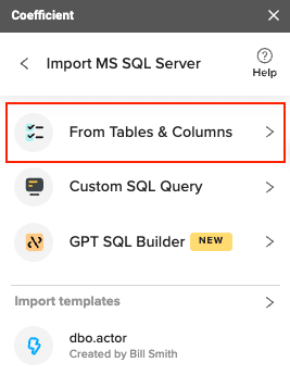 Coefficient interface in Excel with “From Tables & Columns” option selected for MSSQL data import.