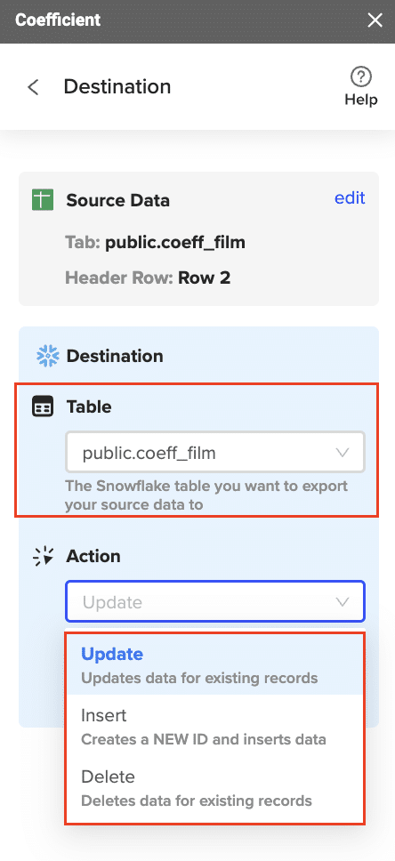 Coefficient settings screen with Snowflake table selected and action type defined.