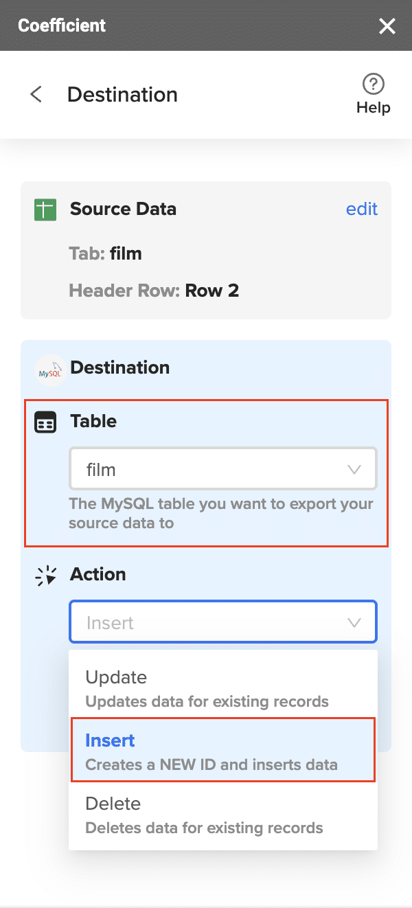 Coefficient settings screen for specifying MySQL table and selecting the action for data import.