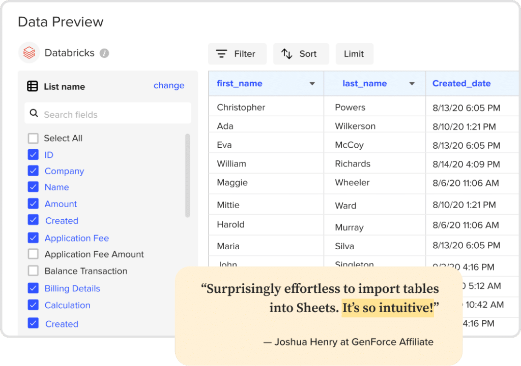 databricks data preview for google sheets import