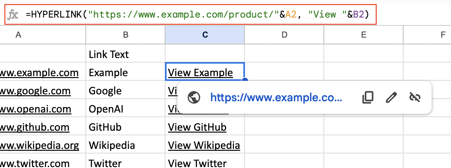 Entering the HYPERLINK function in a Google Sheets cell.