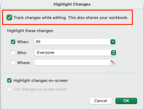 Screenshot of Excel’s ‘Share Workbook’ option being enabled from the Review tab to allow multiple users to edit simultaneously.