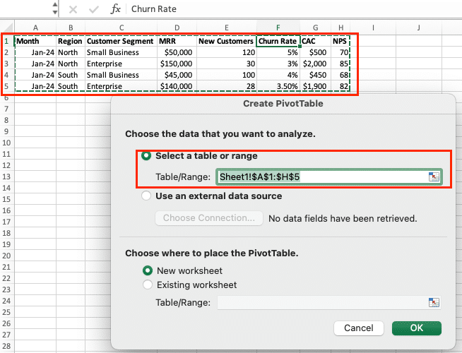 Screenshot of the Pivot Table field configuration in Excel, highlighting rows, columns, and values areas