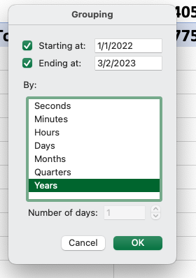 PivotTable Fields pane in Excel showing Date in Rows and Value in Values area