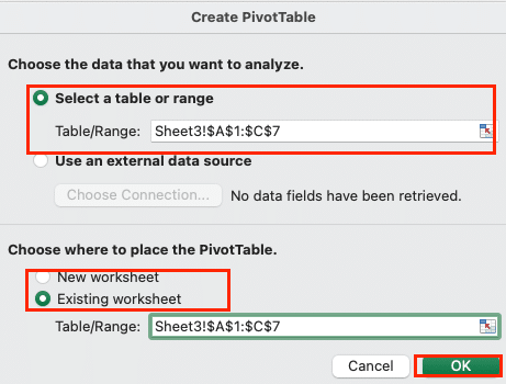 Selecting data range in Excel to create a PivotTable for YOY growth analysis.