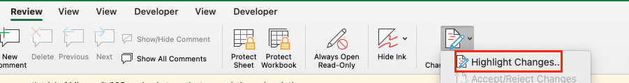 Screenshot of the ‘Highlight Changes’ dialog box in Excel, showing options for tracking changes by who and when.