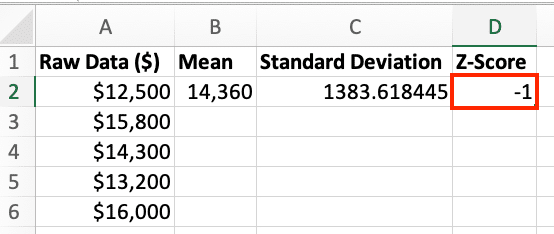 Excel worksheet showing a table of z-scores from -4 to 4 with cumulative probabilities