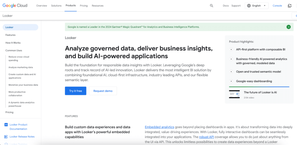 Looker homepage highlighting advanced analytics and data modeling for PostgreSQL.