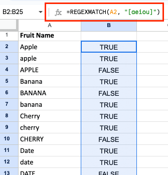 Screenshot of using REGEXMATCH in Google Sheets to match specific characters like vowels within a text string.