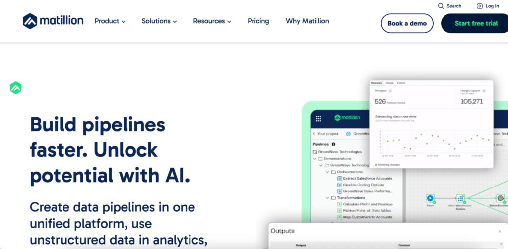 Matillion homepage featuring cloud-native ETL platform for Snowflake.