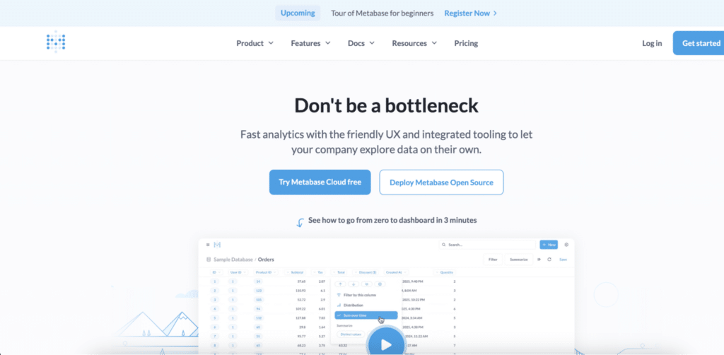 Metabase homepage showing user-friendly PostgreSQL reporting with no-code query builder.
