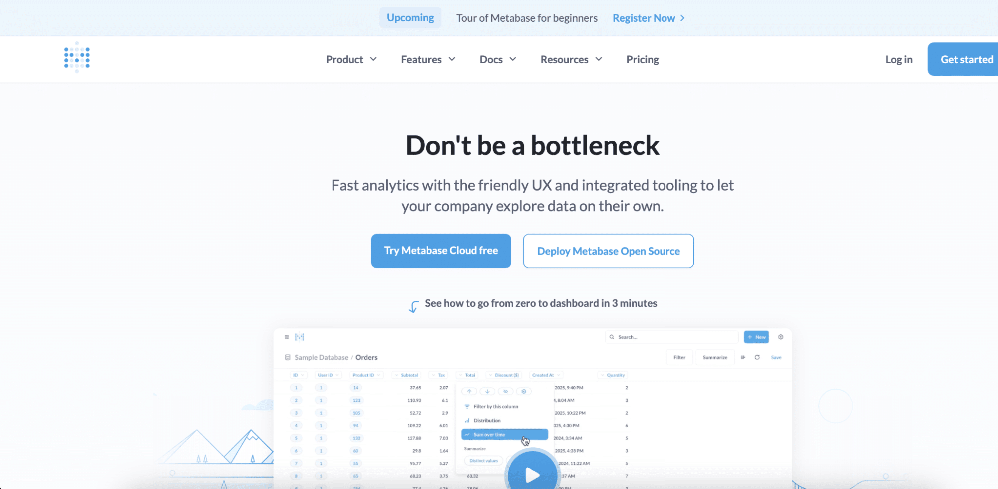 Metabase homepage showing user-friendly PostgreSQL reporting with no-code query builder.