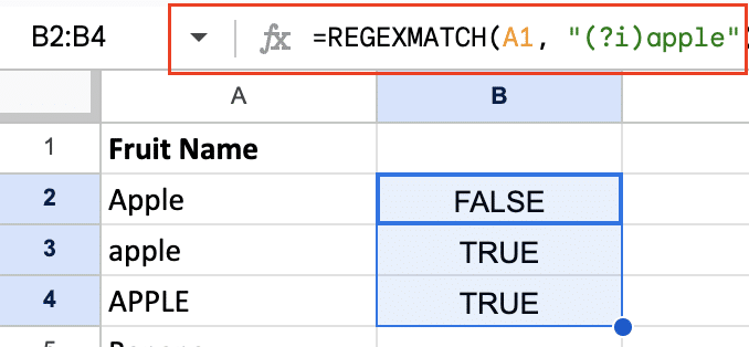 Screenshot of a formula in Google Sheets using REGEXMATCH with wildcards to match flexible text patterns.