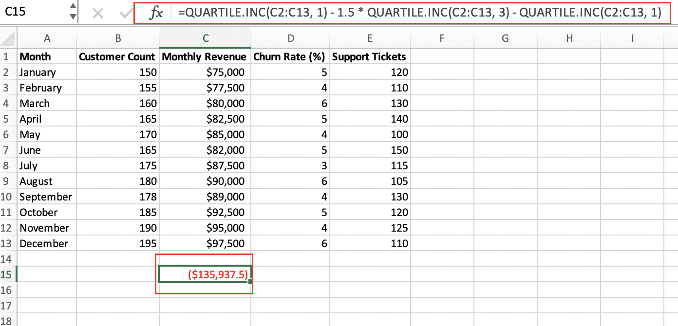 Screenshot of the process to identify outliers in Excel using the standard deviation method and the AVERAGE and STDEV.P functions.