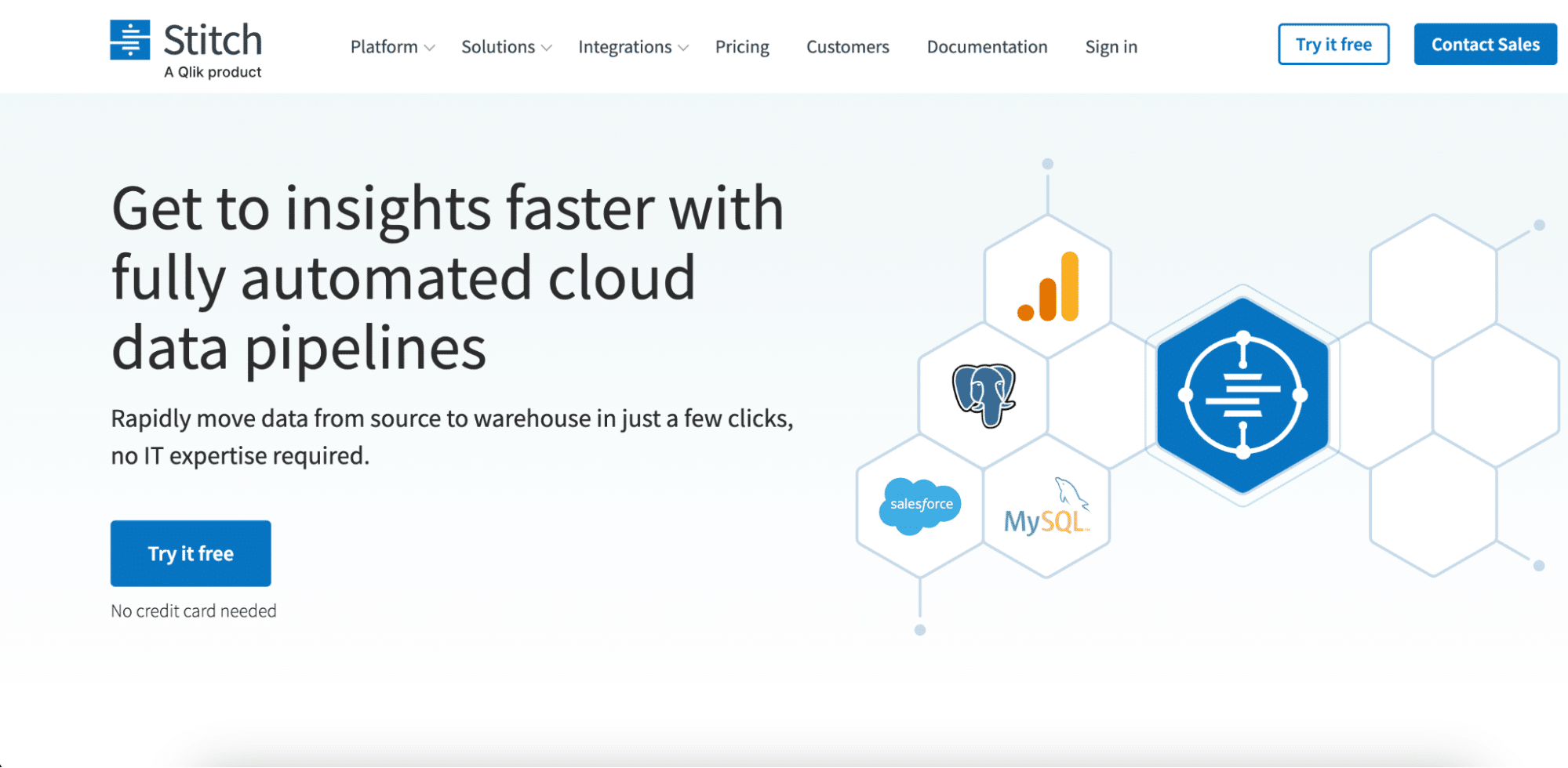 Stitch homepage highlighting cloud-based ETL service for PostgreSQL.