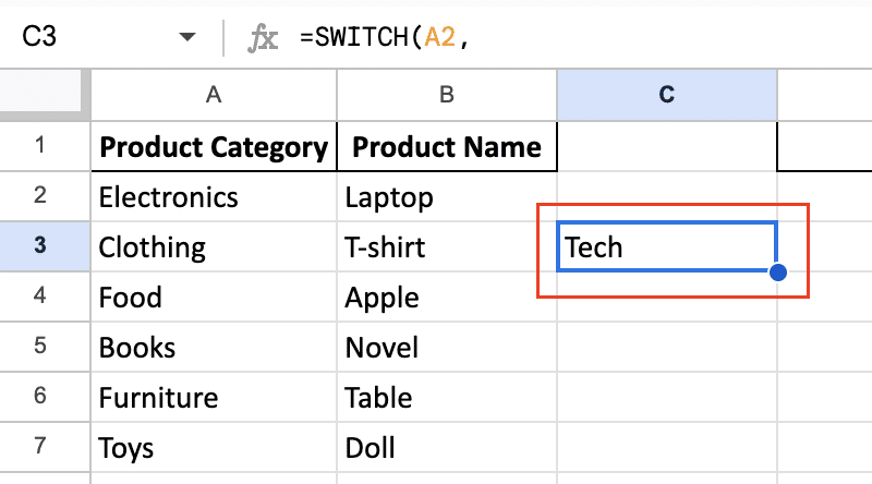 Google Sheets formula example combining ARRAYFORMULA with SWITCH for a range.