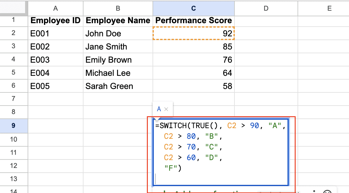 Setting up conditional formatting in Google Sheets using the SWITCH function.