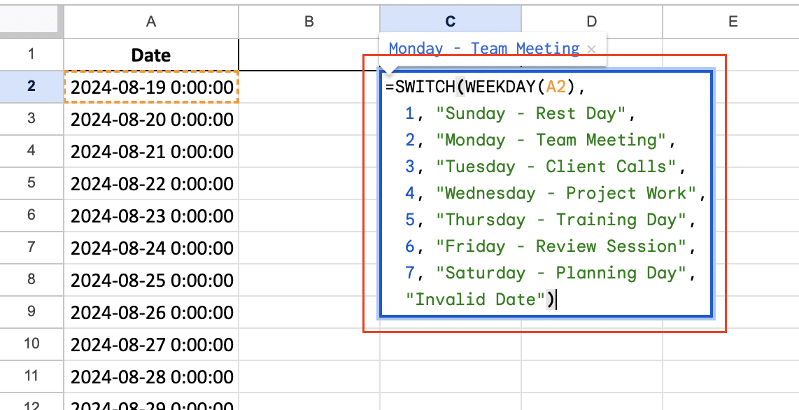  Google Sheets showing default value handling in the SWITCH function