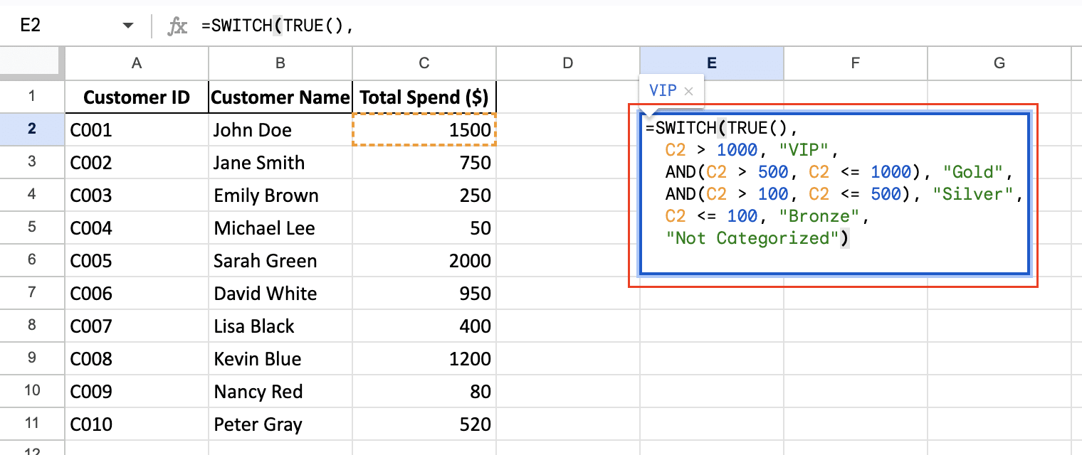 Google Sheets example of using SWITCH with a lookup table as an alternative to many cases.