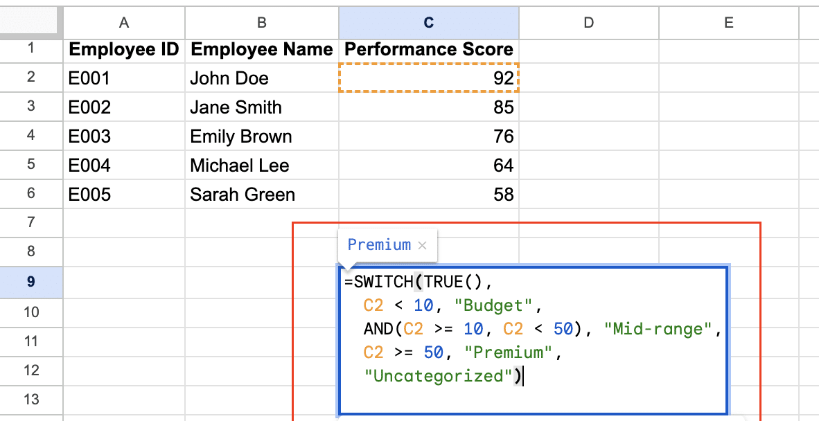 Sales commission calculator in Google Sheets using the SWITCH function.