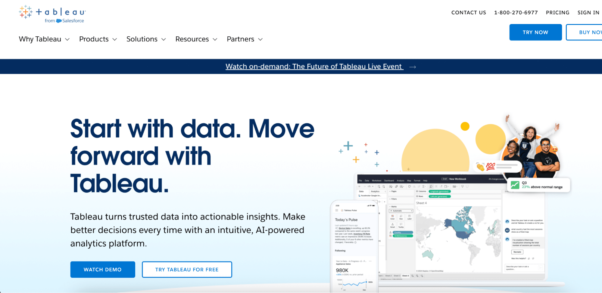 Tableau homepage showcasing advanced data visualization tools and real-time PostgreSQL reporting.